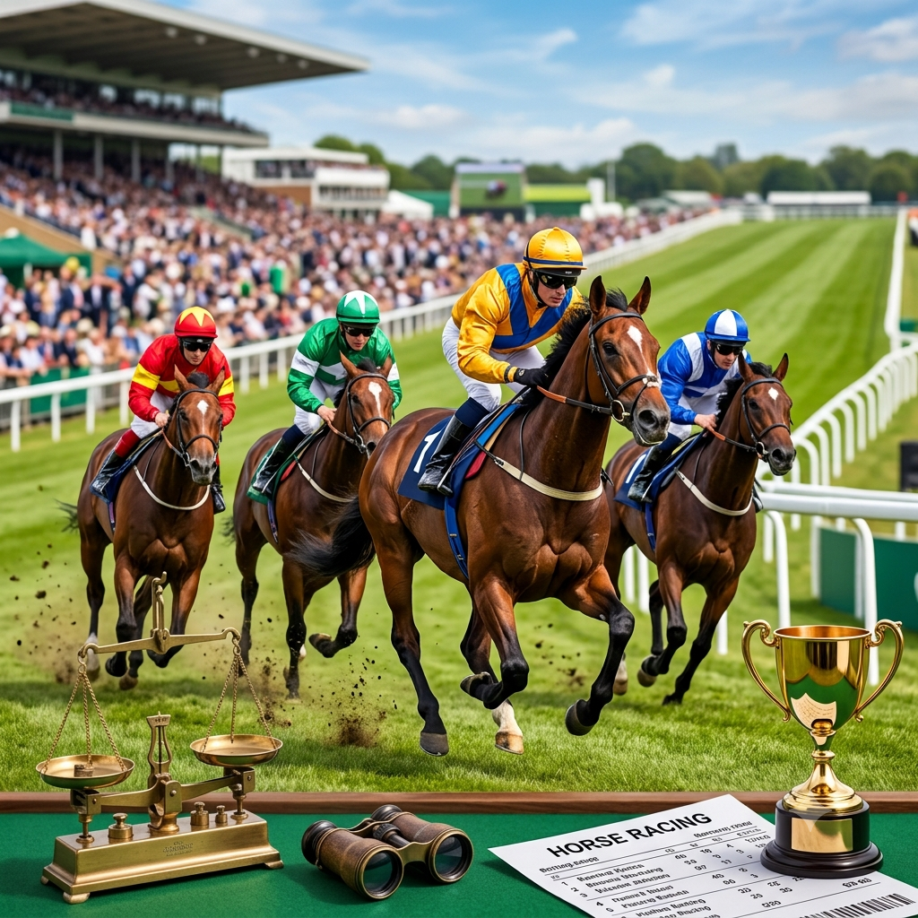 Horse racing with a balance scale, racing form, binoculars and a trophy