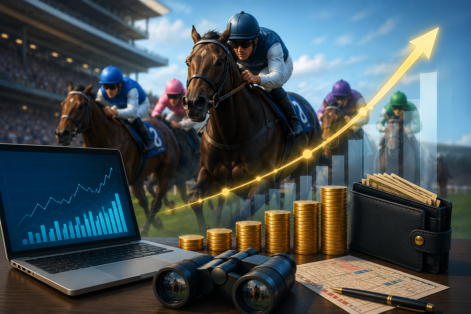 Horse racing beside a laptop, ascending coin stacks and a wallet