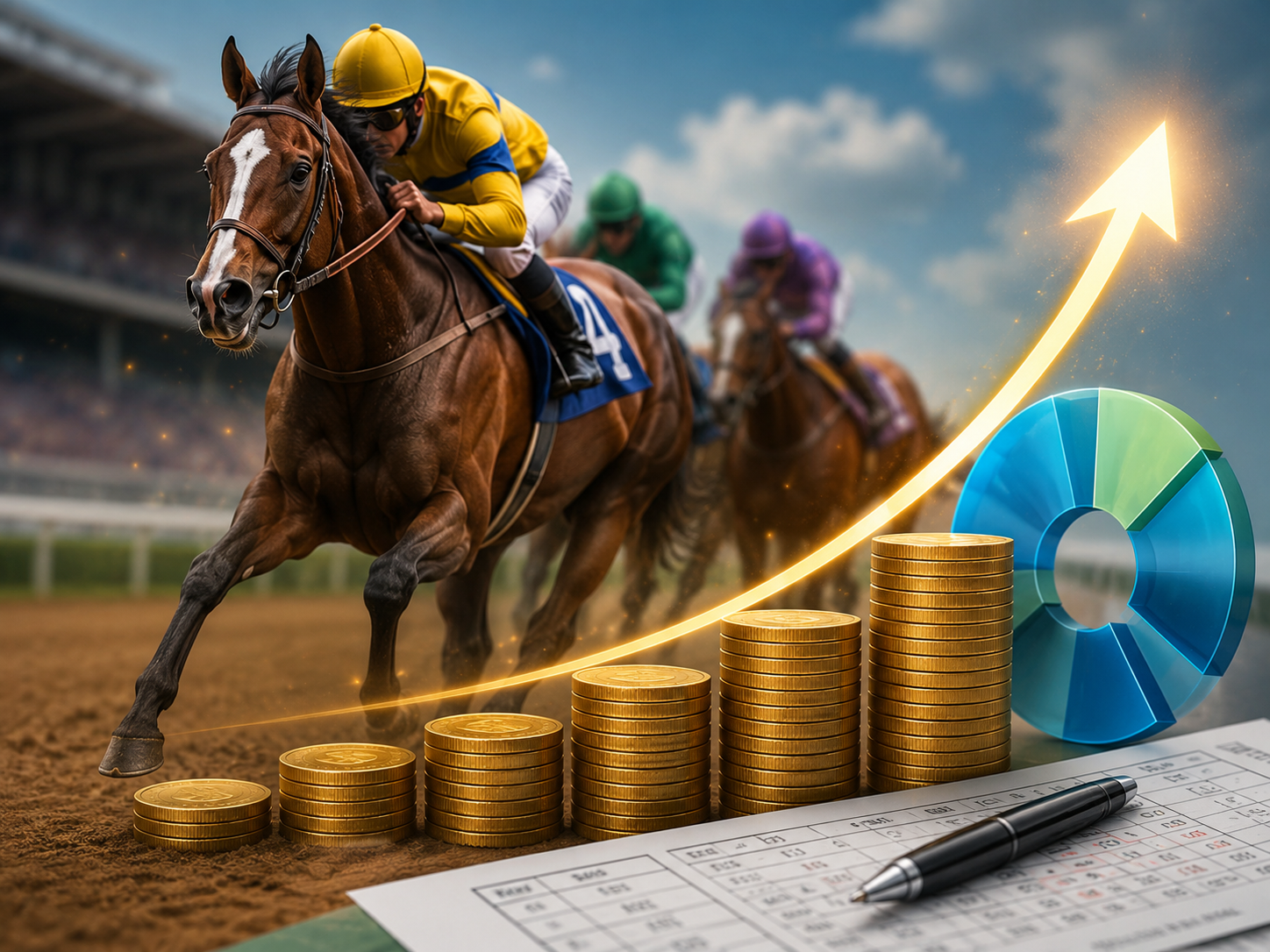 A yellow-clad jockey racing beside illustrative coins and an upward arrow